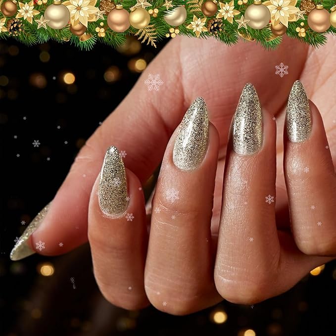 KQueenest Light Gold Press on Nails Cute, Glitter Press on Nails Almond Medium, Bling Sparkle Fake Nails Press ons, Luxury Shiny Glue on Nails Medium, Festival Stick on Nails For Women Wear in 24 Pcs