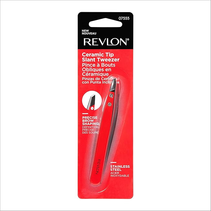 Revlon Ceramic Slanted Tip Tweezers, Precision For Eyebrow Shaping and Fine Hair Removal, Stainless Steel Body, Red, 1 Count-VivaGrace Women