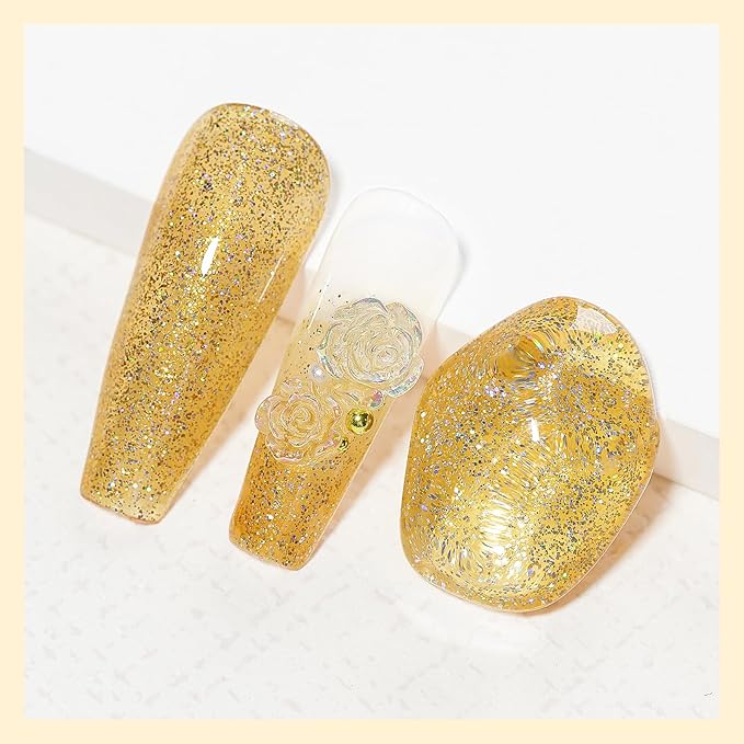 MIZHSE Quick Dry Nail Polish, Glitter Gold Nail Polish Non Gel Air Drying Fast, 15 ml Regular Sparkle Shimmery Oil-based Glitter Nail Lacquer Nail Art Manicure DIY Home