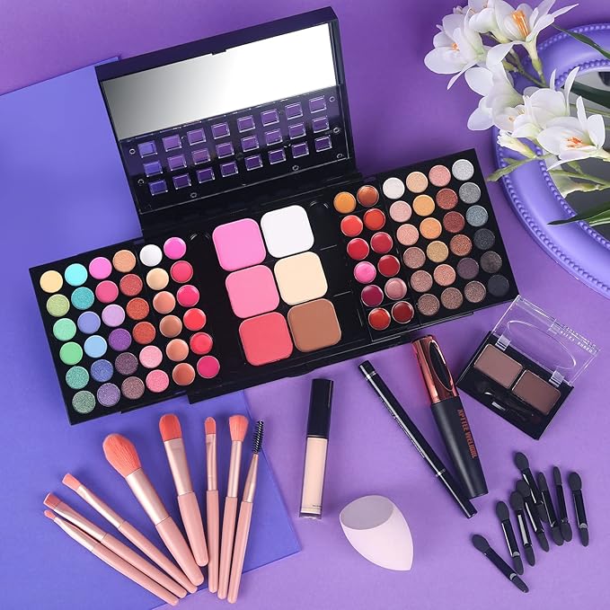 Full Makeup Kit with Applicator - 78 Color Cosmetic Gift Set Include Eyeshadow/Lipstick/Blush/Contour/Concealer, Mascara, Lip Liner, Eyeshadow Primer, Eyebrow Powder, Sponge and 8pcs Makeup Brush-VivaGrace Women