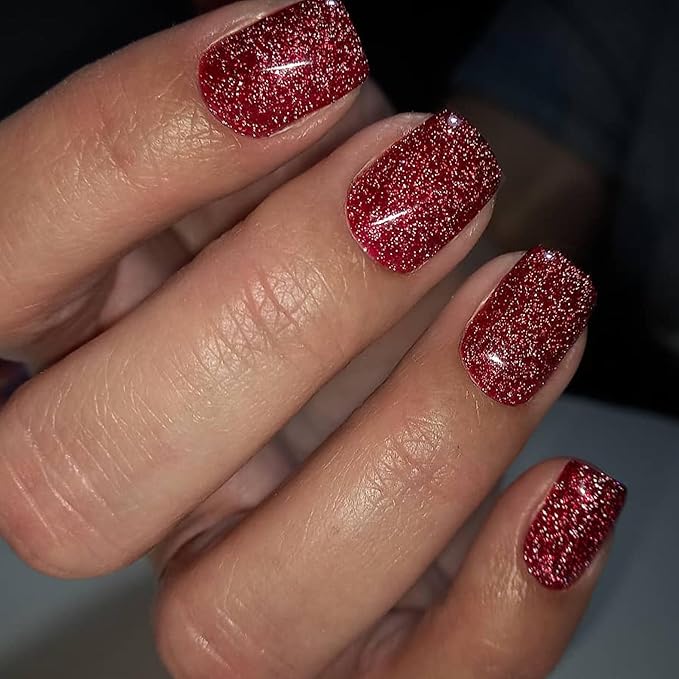 KQueenest Glitter Red Press on Nails Short, Shimmer Fake Nails Press ons Cute, Sparkle Acrylic Nails for Women, Cute Stick on Nails, Holiday False Nails with Bling Design 24 Pcs