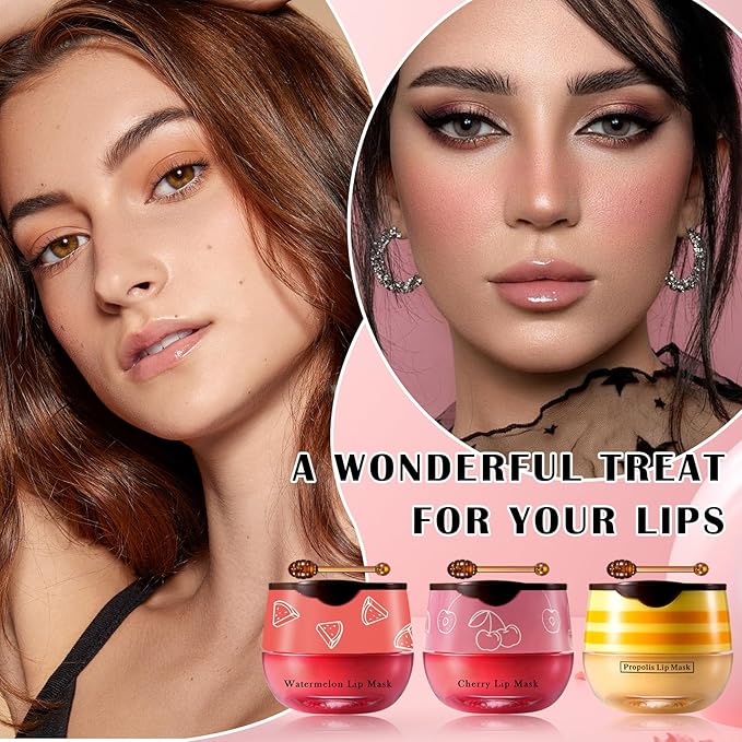 Honey Pot Lip Balm,3PCS Bee Lip Balm Honey Pot Cherry Watermelon Lip Scrub,Fade Lip Lines Prevention Dry and Cracked Lip Mask Overnight (Honey+Watermelon+Cherry)-VivaGrace Women