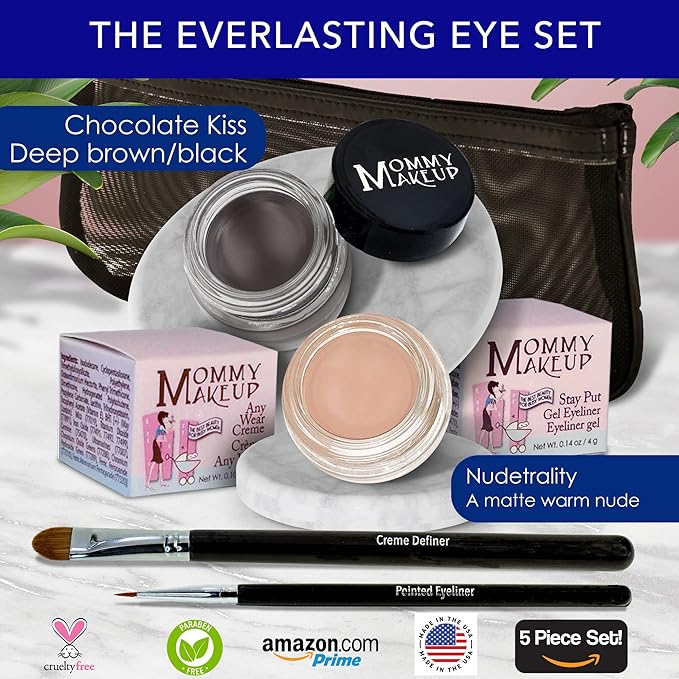 The Everlasting Eye 5 Piece Waterproof Makeup Set. Gel Eyeliner, Creme Eyeshadow, 2 brushes and Mesh Bag. Paraben-free, Talc-free, Cruelty-free. Nudetrality/Chocolate Kiss 2402-VivaGrace Women