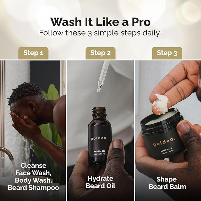 Golden Grooming Co. Everyday Grooming Bundle for Textured Hair & Melanin-Rich Skin | Essential Beard & Skincare Kit with Beard Shampoo, Face Wash, Beard Oil, Body Wash & Beard Balm-VivaGrace Women