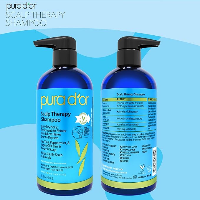 PURA D'OR Therapy Shampoo (16oz) Hydrates & Nourishes - Scalp Care Shampoo For Itchy Flaky Scalp w/ Tea Tree, Peppermint, Patchouli, Cedarwood, Clary Sage, Argan Oil (Packaging may vary)-VivaGrace Women