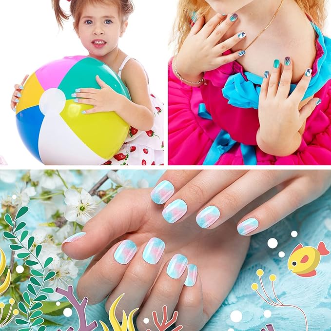 JANYUN 96 Pcs Kids False Nails - Press On, Full Cover, Short Nails in Blue Theme for Little Girls' Nail Art Decoration