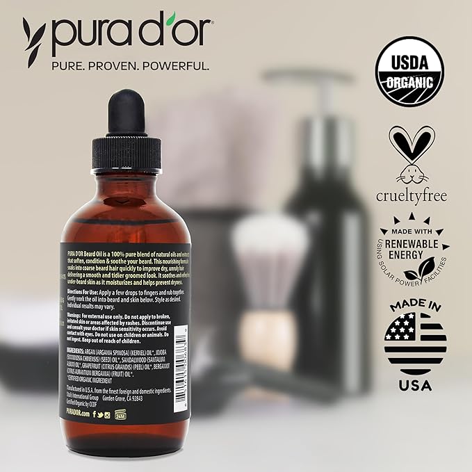 PURA D'OR 4 Oz ORGANIC Beard Softening Oil - Original Sandalwood Scent - Leave-In Conditioner, Argan & Jojoba Oil - Mustache Care & Maintenance, Increase Softness & Strength - Beard Hair, Skin & Face-VivaGrace Women