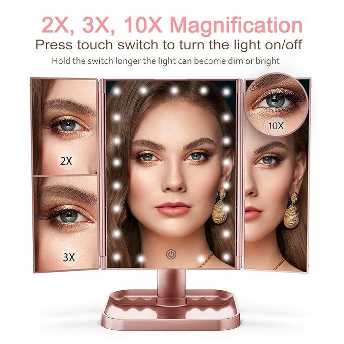 HUONUL Makeup Mirror, 10X 3X 2X Magnification, Lighted Makeup Mirror, Touch Control, Dual Power Supply, Portable LED Mirror, Women Gift (Rose Gold)-VivaGrace Women
