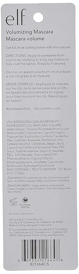 e.l.f. Cosmetics Volumizing Mascara, Mascara For Fuller, Thicker-Looking Lashes, Enriched With Vitamin E, Black,0.19 Fl Oz (Pack of 2)