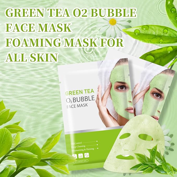 10 Sheets Face Masks Skincare O2 Bubble Green Tea Face Mask, Cleaner Bubble Sheet Masks Foaming Purifying Facial Mask for Pores, Moisturizing Spa Face Masks Skin Care For All Skin Type-VivaGrace Women