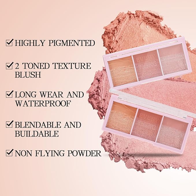 3 Colors Blush Palette,Blush Powder for Cheeks Makeup,Glitter Blusher with Brush,Long Wear,Highly Pigmented-VivaGrace Women