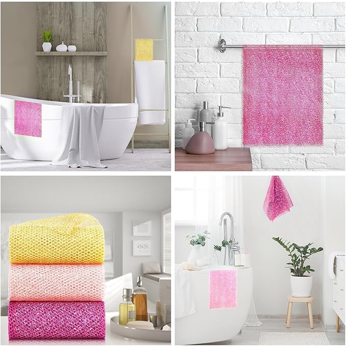 3 Piece Bright Style African exfoliating net Exfoliating Shower Set Long Bath Sponges for Smooth, Refreshed Skin, The Exterior Gleams - Ideal for Daily Use (Bright Yellow, Pink, Purple)-VivaGrace Women