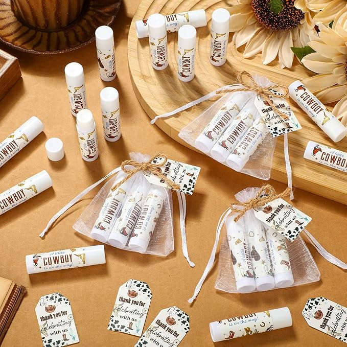 Demissle 50 Pcs Baby Shower Lip Balm Gift Set with 100 Pcs Organza Bags Baby Shower Party Favor for Guest Thank You Tag Rope Baby Shower Party Decoration Gender Reveal Souvenirs (Cowboy)-VivaGrace Women