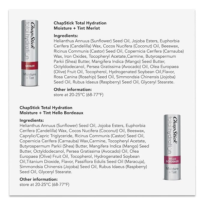 ChapStick Total Hydration Tinted Lip Balm Tubes and Lip Scrub Regimen Pack, Tinted Lip Moisturizer and Exfoliator - 0.12 Oz Lip Balm (4 Count) and 0.27 Oz Lip Scrub-VivaGrace Women