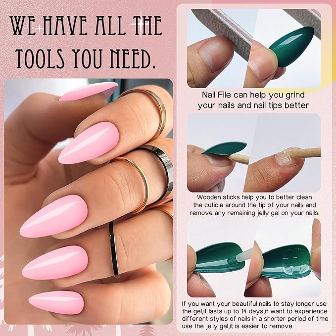 LoveOurHome 240pc Medium Almond Press on Nails Colored Pink Fake Nail Tips Full Cover Artificial Fingernail French Stiletto Manicure with Adhesive Tabs for Women Girls