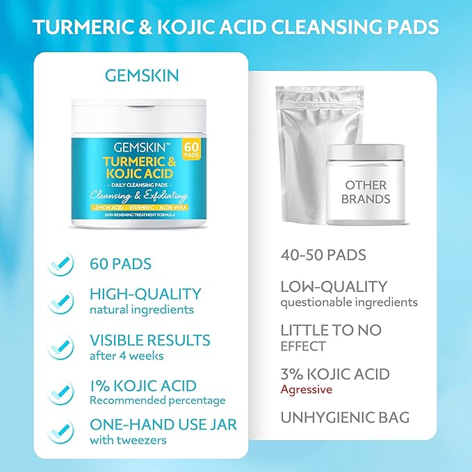 Turmeric Kojic Acid Cleansing Pads - Brightening Dark Spot Remover, Deep Cleaning Pores & Exfoliating Vitamin C & Aloe Vera - Foaming Turmeric Face Scrub Pads For Skin Lightening - 60 Count