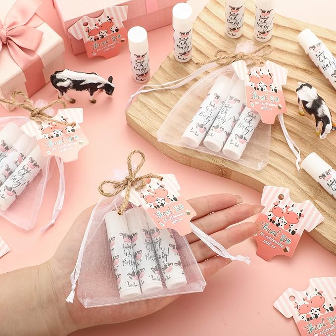 Demissle 50 Pcs Baby Shower Lip Balm Gift Set with 100 Pcs Organza Bags Baby Shower Party Favor for Guest Thank You Tag Rope Baby Shower Party Decoration Gender Reveal Souvenirs(Cow)-VivaGrace Women