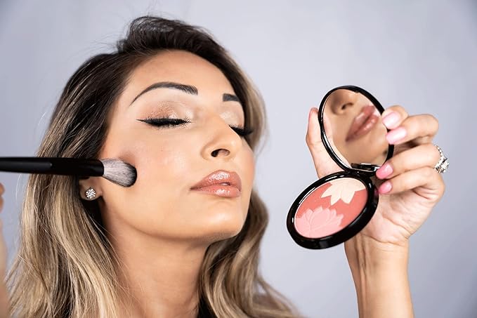Manna Kadar Beauty - Blossom Floral Compact, Multi-functional Blush & Highlighter, 3 Shades of Pink, Coral, & Champagne for a Perfect Blend, Natural & Radiant, Use on Décolletage, Highly Pigmented-VivaGrace Women
