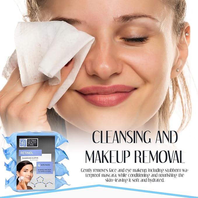 Global Beauty Care Retinol Cleansing Facial Towelettes, Makeup Remover Wipes, Nourishing Face & Eye Hypoallergenic, Paraben-Free, Non-Comedogenic, Hydrates & Smooths Skin 30 Wipes, 120 Count 4 Pack
