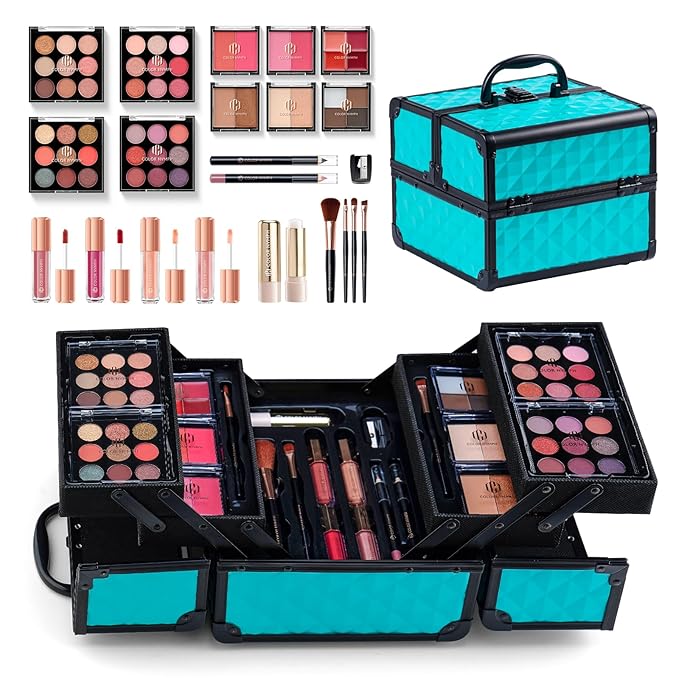 Color Nymph All In One Makeup Kit Comestics Gifts for Girls Teens, Travel Makeup Set 4 Trays Train Case for Beginner Includes Eyeshadow Highlighter Lipgloss Blush Concealer Brush Eyeliner Lipbalm-VivaGrace Women