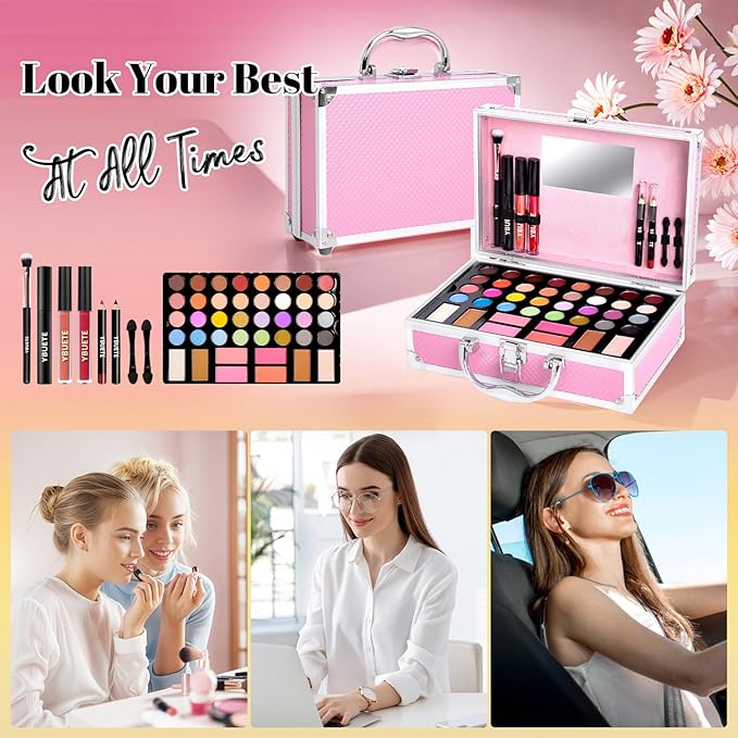 Beginner Makeup Kit for Teen,Makeup Gift Set for Girl Women,Beginner Makeup Kit with Cosmetic Train Case Included 32 Colors Eyeshadow Blusher Contour Lip Gloss Lip Liner Mascara Eyeliner Mirror-VivaGrace Women