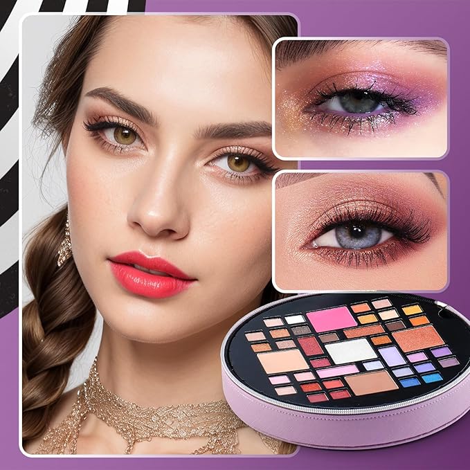 Color Nymph All In One Makeup Kit For Teens With Portable Cosmetics Bag, Multiple Makeups For Begginers As New Year,Birthday Gift Included 38-Colors Eyeshadows Lipglosses Brushes (Purple)-VivaGrace Women