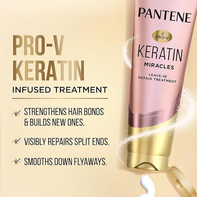 Pantene Keratin Leave-In Conditioner with Argan Oil, Protein Treatment for Dry, Damaged & Color-Treated Hair, Repairs Split Ends & Protects from Damage, Formaldehyde-Free, 8.4 Fl Oz-VivaGrace Women