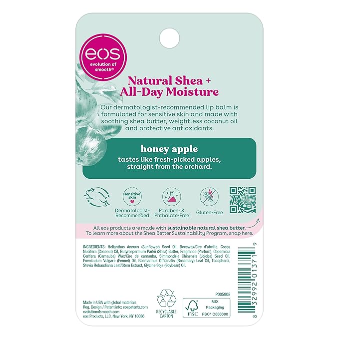 eos Natural Shea Lip Balm- Honey Apple, All-Day Moisture, Made for Sensitive Skin, Shea Lip Care Products, 0.25 oz-VivaGrace Women