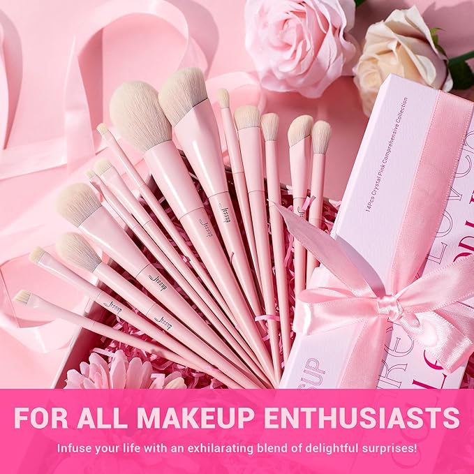 Jessup Pink Makeup Brushes Set 14Pcs Make up Brushes Premium Vegan Foundation Concealer Blush Eyeshadow Eyeliner Powder Highlighter Blending Face Brush Set, T495-VivaGrace Women