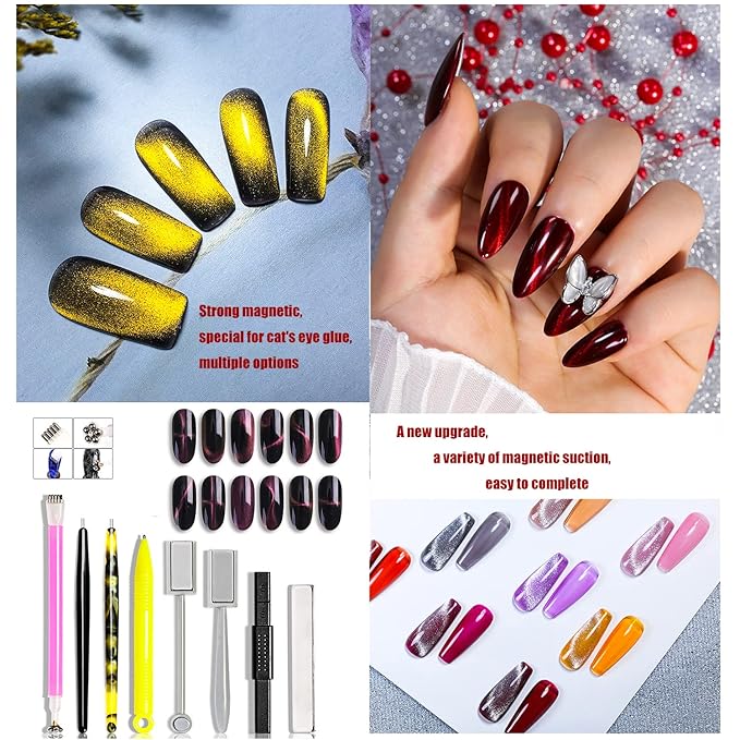 JERCLITY 8 Pieces Cat Eye Magnet for Nails Double-head Flower Design Nail Magnet Pens Magnet Stick Multi-Function Magnet Board 3D Magnetic for Cat Eye Gel Polish DIY Nail Art