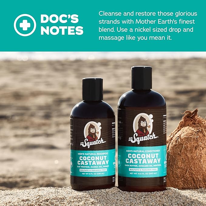 Dr. Squatch Natural Hair Bundle for Men - Healthy, Full Looking Hair - Coconut Castaway Shampoo (8 fl oz), Coconut Castaway Conditioner (11.5 fl oz)-VivaGrace Women