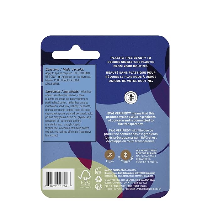 ATTITUDE Plastic-free Lip Balm, EWG Verified Plant- and Mineral-Based Ingredients, Vegan and Cruelty-free Personal Care Products, Unscented, 0.3 Oz-VivaGrace Women