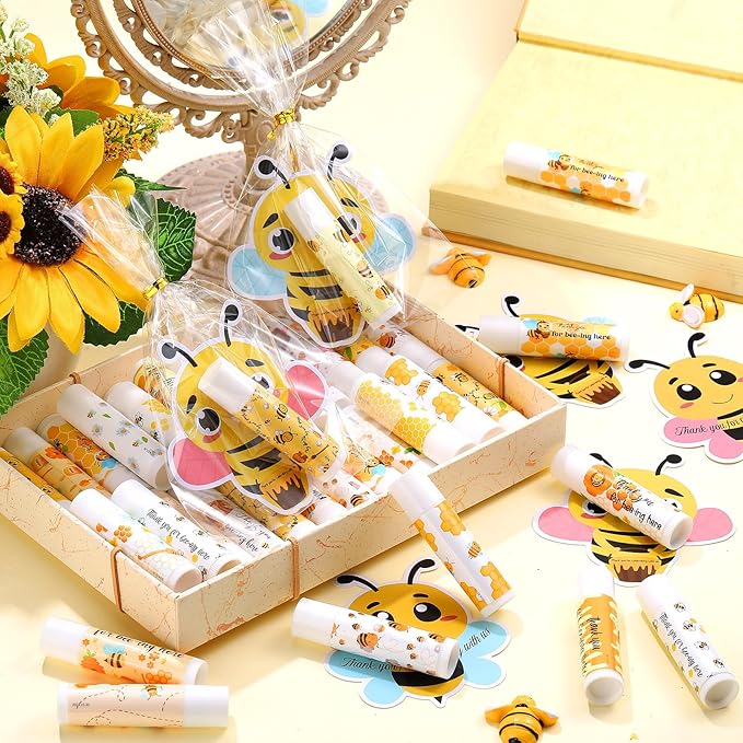 48 Sets Bee Lip Balm with Bee Themed Thank Card Tags Baby Shower Favor Bulk Bee Themed Gifts for Baby Shower Baptism Birthday Party Supplies Christmas Party-VivaGrace Women