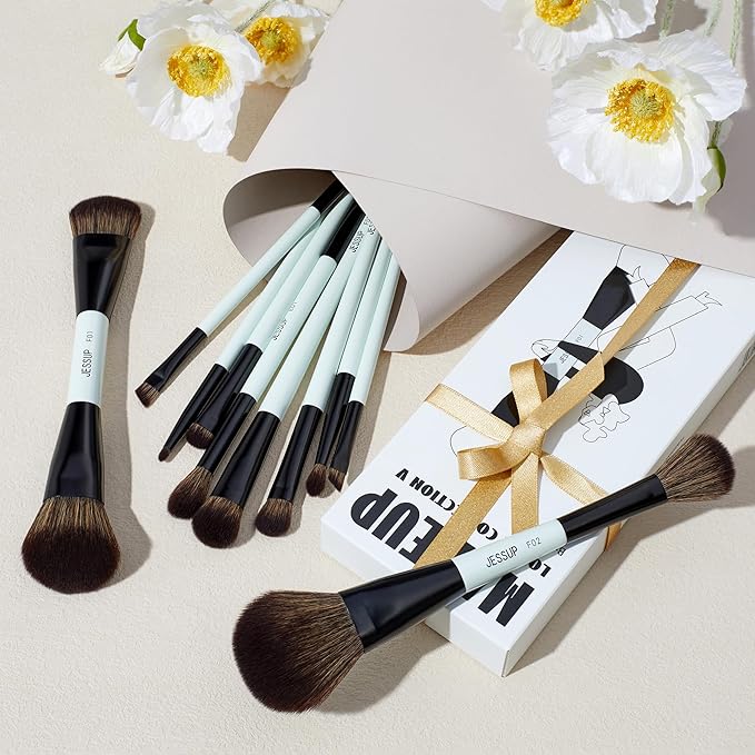 Jessup Makeup Brushes Set 10pcs, Double Sided Foundation Contour Blush Highlight Blending Eyebrow Brush Eyeshadow Eyeliner Concealer Brush, Bright Cyan Cruelty Free Cosmetic Tools T500-VivaGrace Women