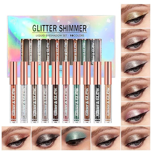 BestLand 10 Colors Liquid Glitter Eyeshadow Set, Metallic Glitter Shimmer Naked Smokey Eye Looks Waterproof Long Lasting Quick-Drying Sparkling Eye Shadow Christmas Makeup Kits-VivaGrace Women
