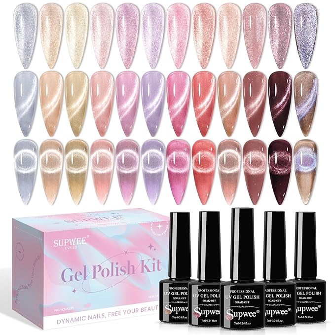 Crystal Cat Eye Gel Nail Polish 12 Colors Cateye Magnetic Nail Polish Gel Silver Nude Pink Cats Eye Gel Polish with Magnetic Stick Christmas Nail Art Manicure Salon DIY Home Gift for Women