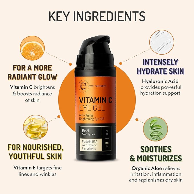 Eve Hansen Vitamin C Eye Gel - Under Eye Cream for Dark Circles and Puffiness - Anti-Aging Eye Repair Cream with Hyaluronic Acid - Under Eye Treatment for All Skin Types - Eye Brightening Cream - 1 oz-VivaGrace Women
