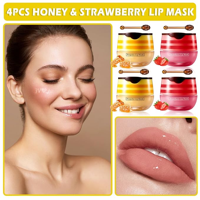 CAHIUYOA 4PCS Bee Lip Balm Honey Pot Honey & Strawberry Lip Balm Lip Mask Moisturizing Hydrating Honey Pot Lip Balm with Stick Prevention Dry & Cracked Lip Scrubs Exfoliator-VivaGrace Women