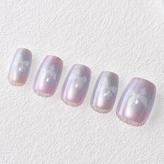 Purple Press On Nails Short Square, Cat Eye Fake Nails with Chameleon Butterfly Designs, Glossy Gel Finish Acrylic Press On Nails, Thick Natural Glue On Nails for Women, Dreamscape Butterfly