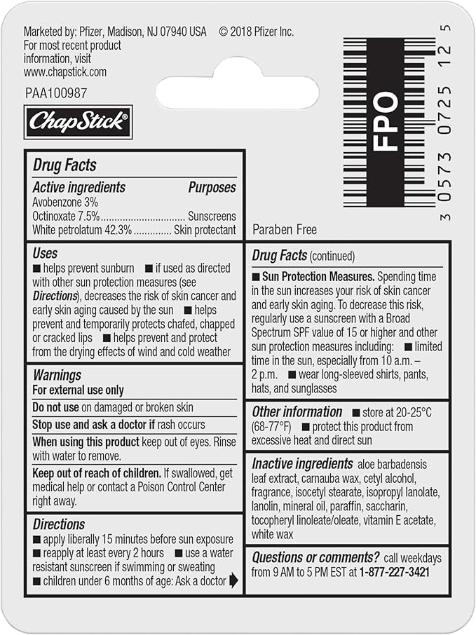 ChapStick Moisturizer Original Lip Balm Tubes, SPF 15 and Skin Protectant - 0.15 Oz (Pack of 12)-VivaGrace Women