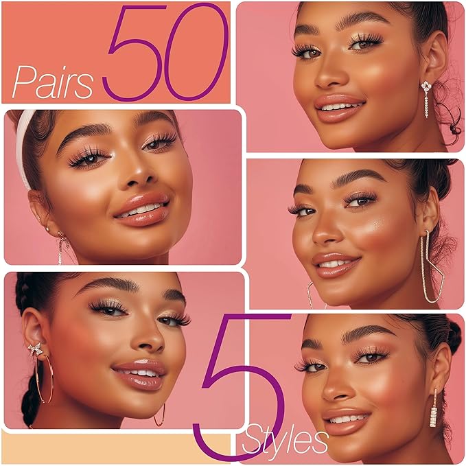 Eliace Eyelashes, (50 Pairs,5 Styles) Luxurious Faux Mink Lashes Natural Look Wispy Fluffy Handmade Cat Eye False Lash Pack, False Eyelashes Set, Fake Lashes Strips, Makeup Fake Eyelashes Pack-VivaGrace Women