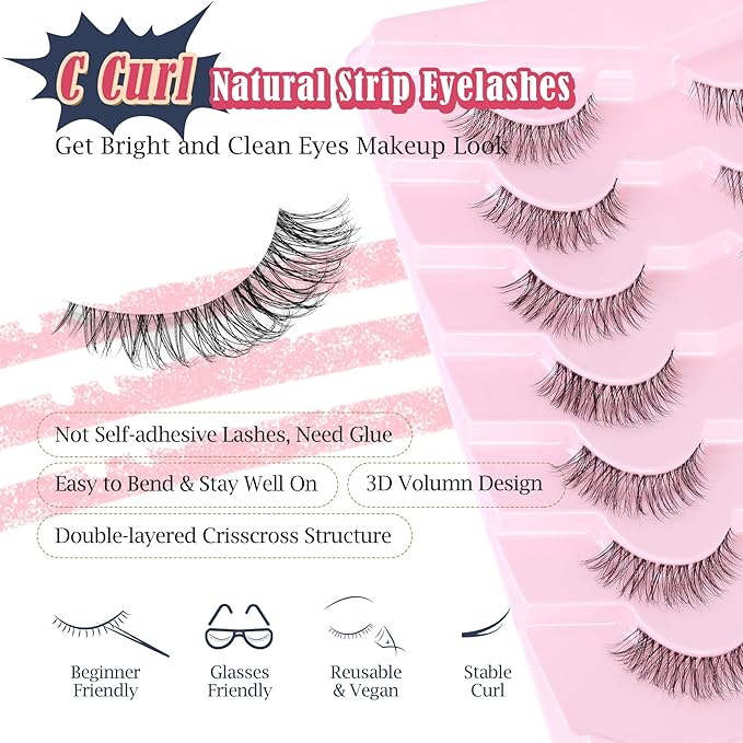 Lashes Natural Look False Eyelashes Wispy 13mm Eye Lashes Pack with Thin Cotton Band C Curl Fake Eyelashes 3D Volume For Daily Siligli Lash 7 Pair-VivaGrace Women