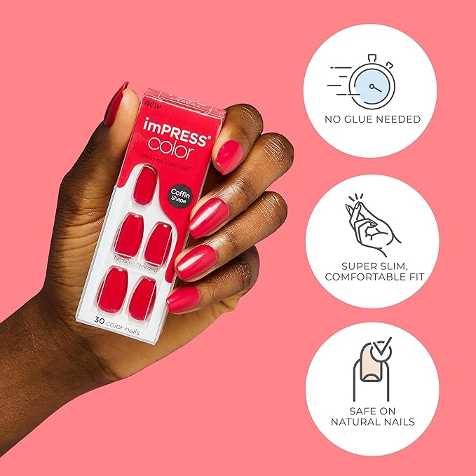 KISS imPRESS No Glue Mani Press On Nails, Color, 'Peevish Pink', Pink, Short Size, Squoval Shape, Includes 30 Nails, Prep Pad, Instructions Sheet, 1 Manicure Stick, 1 Mini File