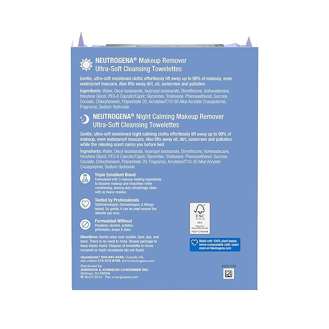 Neutrogena Day & Night Wipes, Makeup Remover Face Cleansing Towelettes & Night Calming Facial Cloths, 100% Plant Based Fibers Wipe Away Dirt, Alcohol-Free, 3 Packs of 25 ct, 75 ct-VivaGrace Women