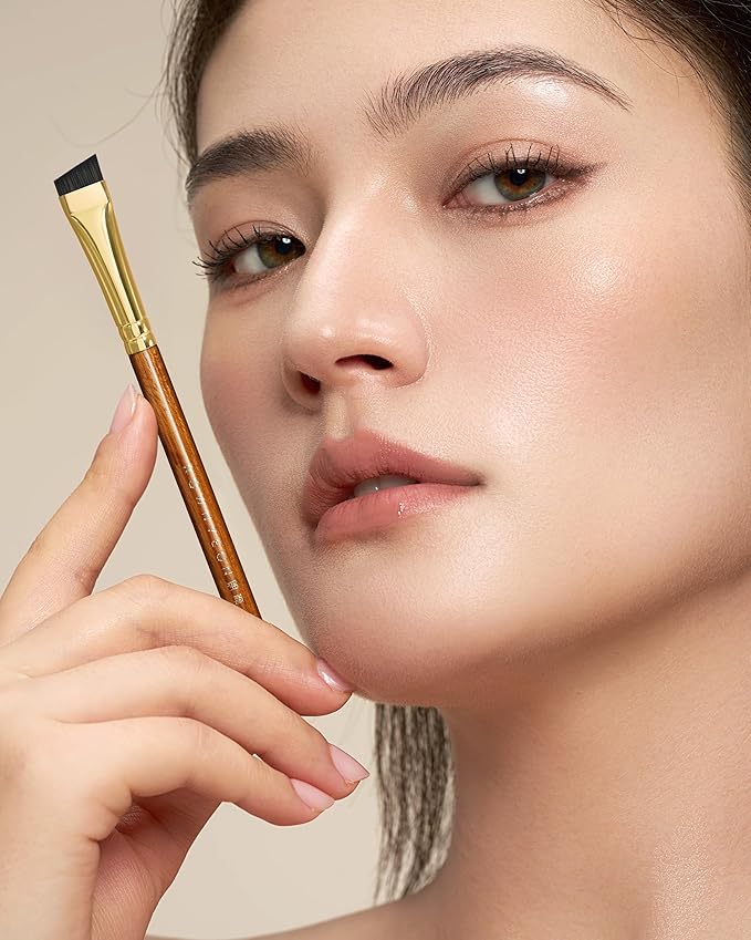 Desert Oak Series MicroBlade Angled Brow Brush - 11mm Ultra-Fine Nylon Bristles for 1mm Hair Strokes, Pomade/Gel/Powder Application, Bubinga & Brass (CM 190)-VivaGrace Women