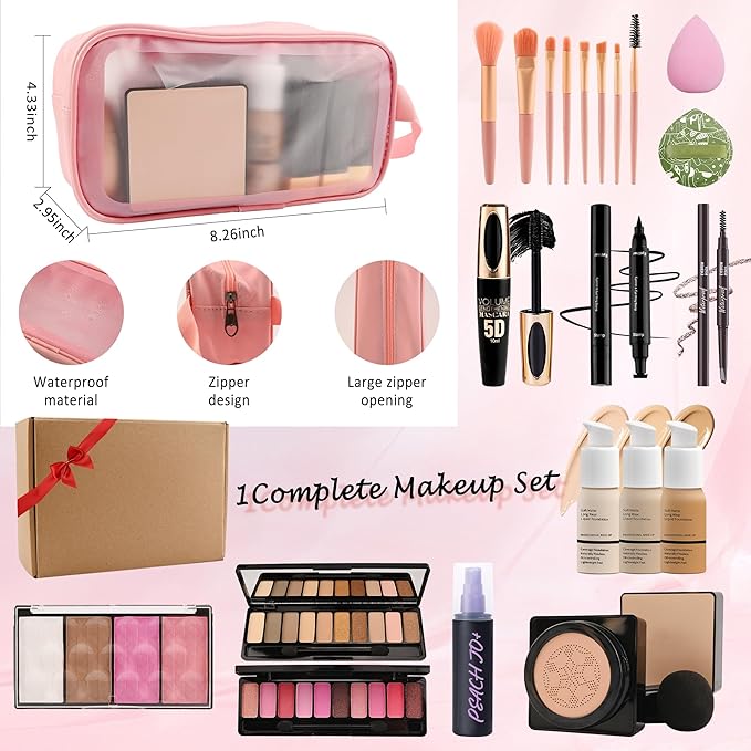 All In One Multipurpose Makeup Kit for Women,Travel Makeup Set,Makeup Gift Full Kit,Includes Foundation Eyeshadow Palette Lipstick Mascara Eyeliner Blusher Cosmetic Brush Set with Makeup Bag-Set B-VivaGrace Women