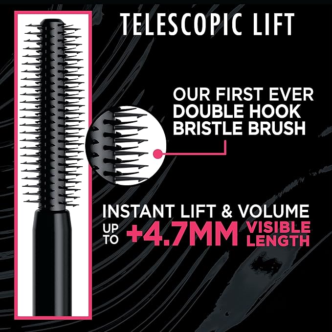 L'Oreal Paris Telescopic Lift Mascara, Lengthening and Volumizing Eye Makeup, Lash Lift with Up to 36HR Wear, Waterproof, Black, 0.33 Fl Oz