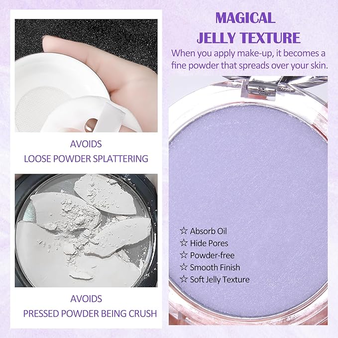 Oil Control Pressed Setting Powder, Lavender Matte Powder Soft Jelly Texture Powder-free Face Powder, Long-Lasting Waterproof Pressed Powder Makeup, Flawless Lightweight Face Cosmetics-VivaGrace Women
