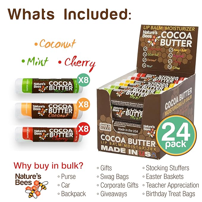 Nature's Bees - Cocoa Butter Lip Balm Moisturizer - Refresh 24 Pack, 3 Flavors - Coconut, Cherry, & Mint - Made w/Coconut Oil, Beeswax, Vitamin E, Aloe, Shea Butter - Made in the USA - 0.15oz (4.2g)-VivaGrace Women