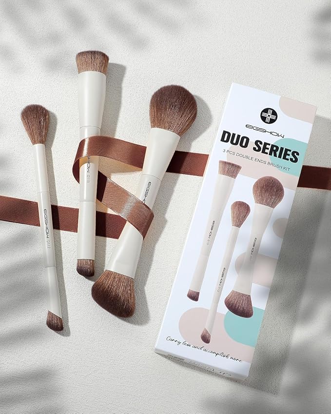 EIGSHOW Makeup Brush Set, 3Pcs Double Ended Face Makeup Brushes for Foundation Powder Contour Highlight Concealer Nose Shadow, Travel Gift Set (Beige)-VivaGrace Women